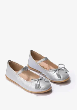 Conguitos Bailarinas De Niña Lazo Corazones Metalizado Plata^ Zapatos De Ceremonia|Bailarinas