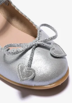 Conguitos Bailarinas De Niña Lazo Corazones Metalizado Plata^ Zapatos De Ceremonia|Bailarinas