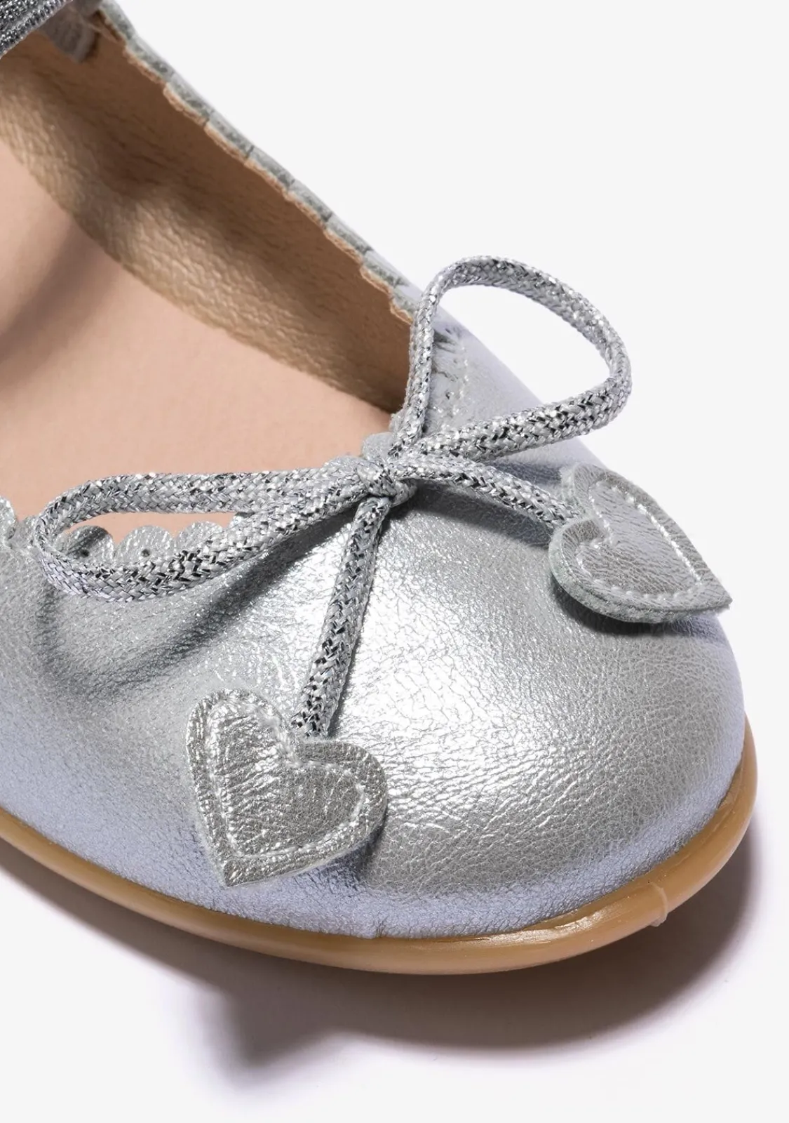 Conguitos Bailarinas De Niña Lazo Corazones Metalizado Plata^ Zapatos De Ceremonia|Bailarinas