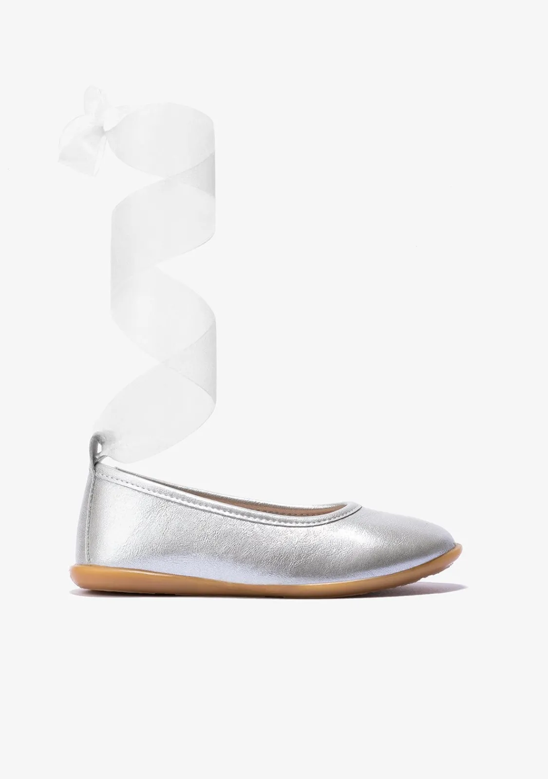 Conguitos Bailarinas De Niña Lazo Metalizado Plata^ Zapatos De Ceremonia|Bailarinas