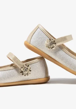 Conguitos Bailarinas Flor Glitter Oro^ Zapatos De Ceremonia|Bailarinas