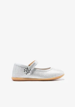Conguitos Bailarinas Flor Glitter Plata^ Zapatos De Ceremonia|Bailarinas