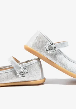 Conguitos Bailarinas Flor Glitter Plata^ Zapatos De Ceremonia|Bailarinas