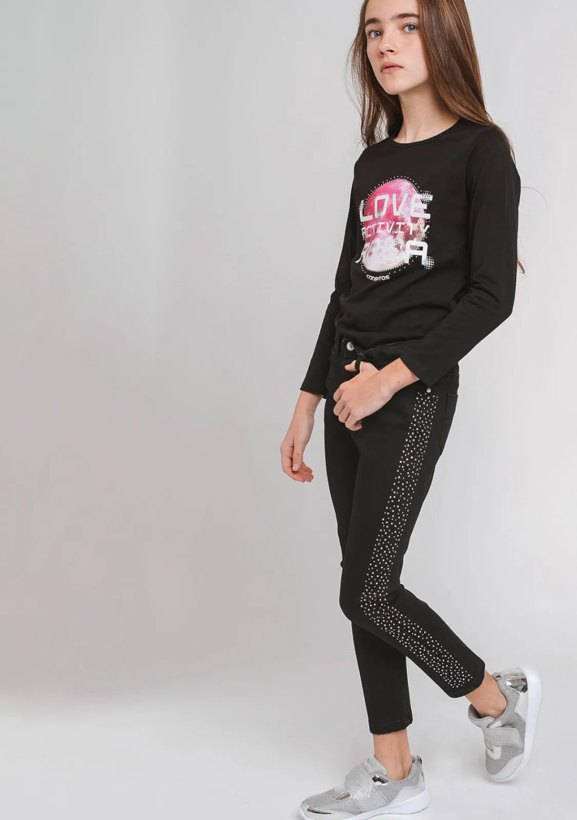 Conguitos Jeans De Niña Lateral Strass Negro^ Pantalones Y Leggins