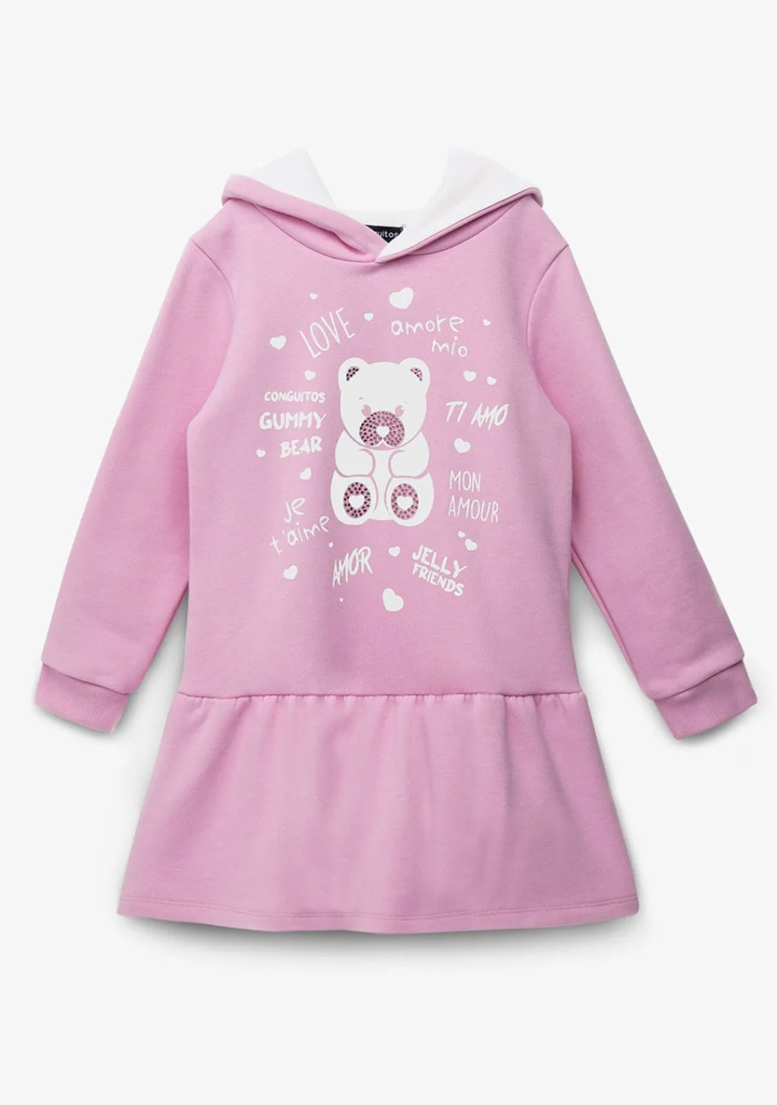 Conguitos Vestido Niña Capucha Osito Pedrería Rosa^ Vestidos Sudadera|Vestidos