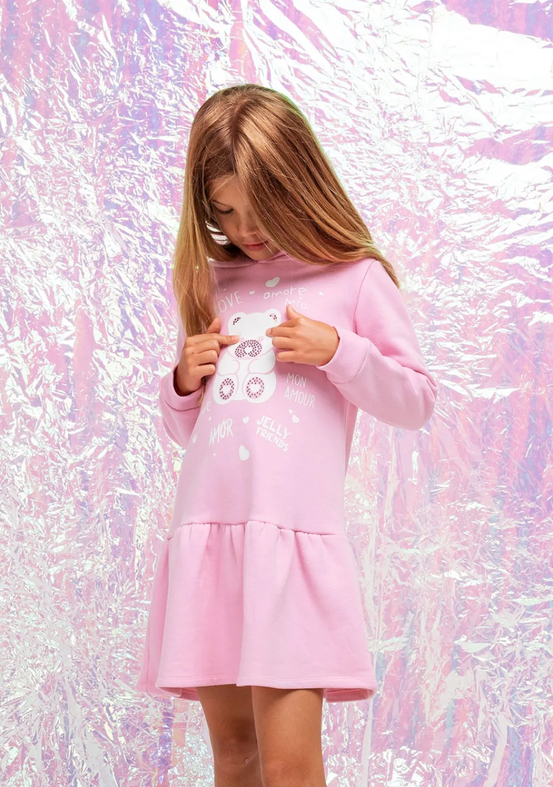 Conguitos Vestido Niña Capucha Osito Pedrería Rosa^ Vestidos Sudadera|Vestidos