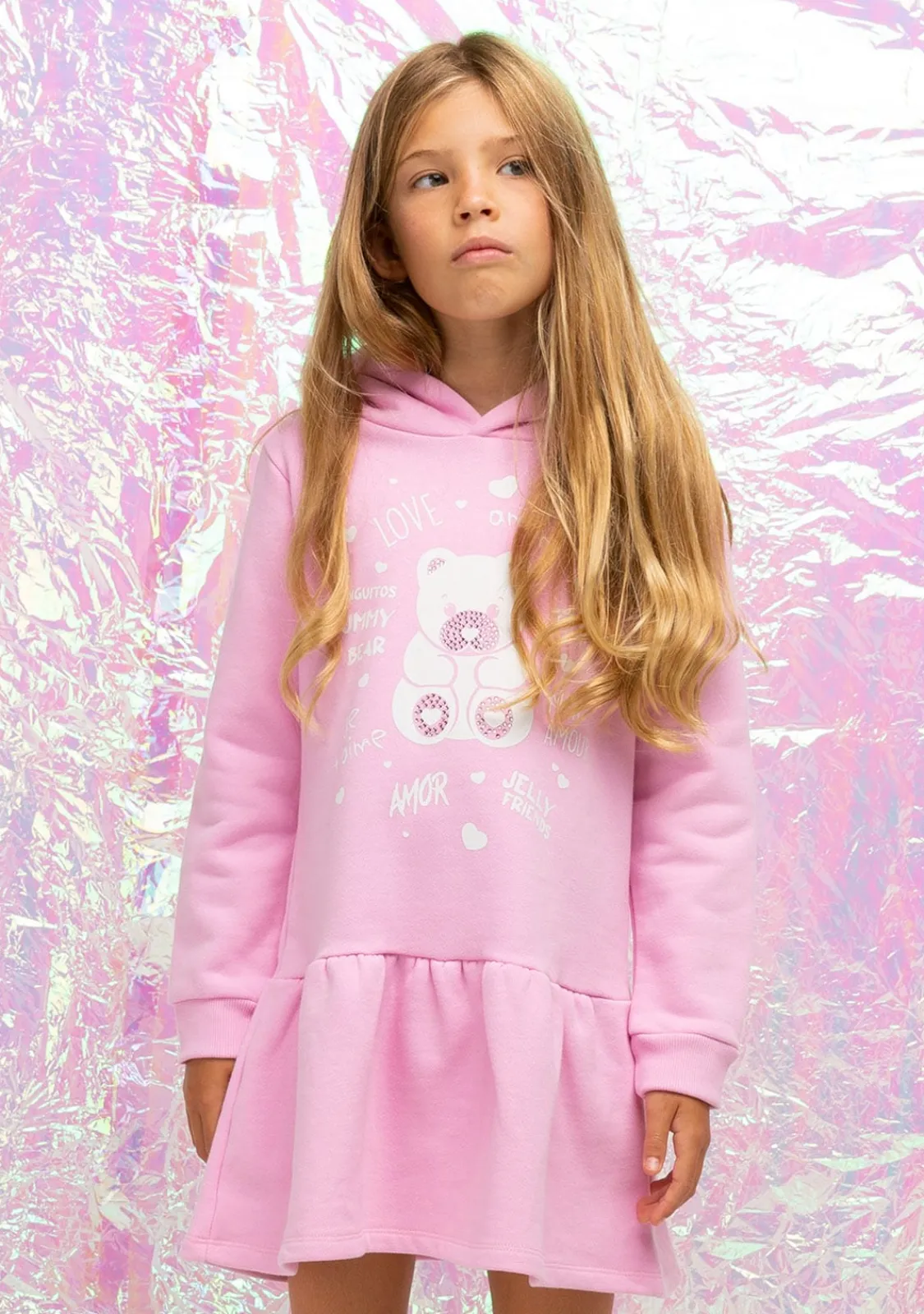 Conguitos Vestido Niña Capucha Osito Pedrería Rosa^ Vestidos Sudadera|Vestidos