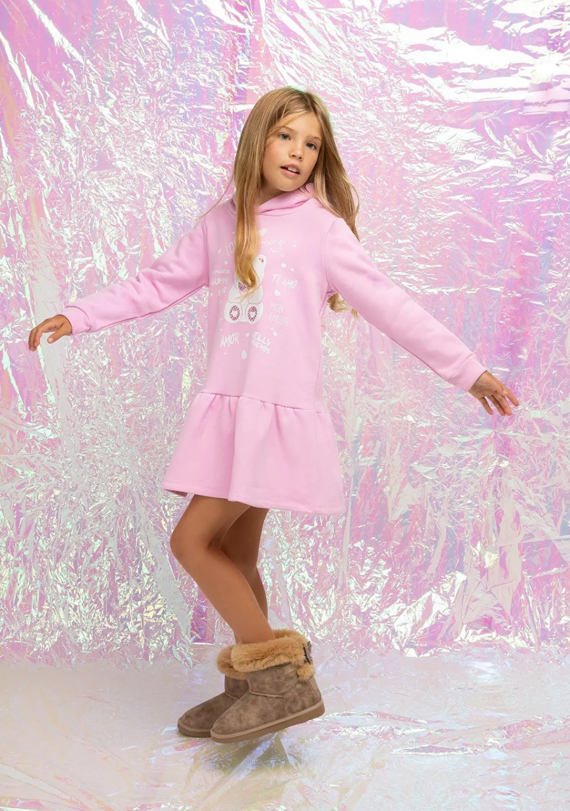 Conguitos Vestido Niña Capucha Osito Pedrería Rosa^ Vestidos Sudadera|Vestidos