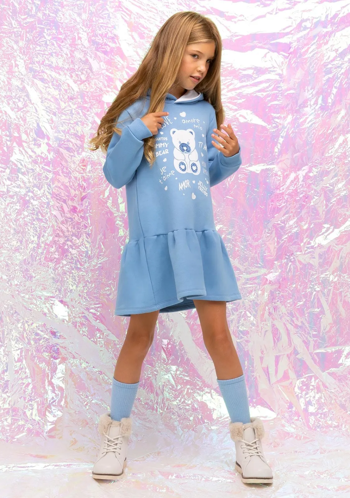 Conguitos Vestido Niña Capucha Osito Pedrería Azul^ Vestidos Sudadera|Vestidos