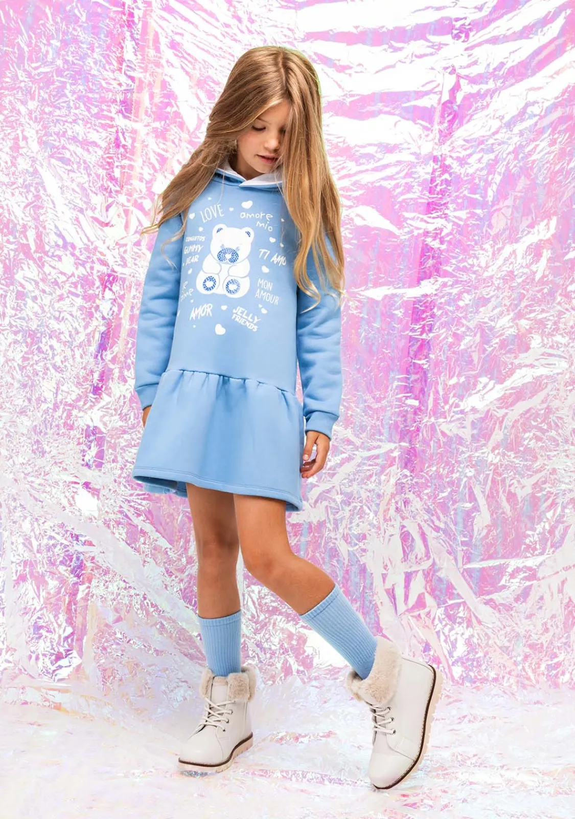 Conguitos Vestido Niña Capucha Osito Pedrería Azul^ Vestidos Sudadera|Vestidos